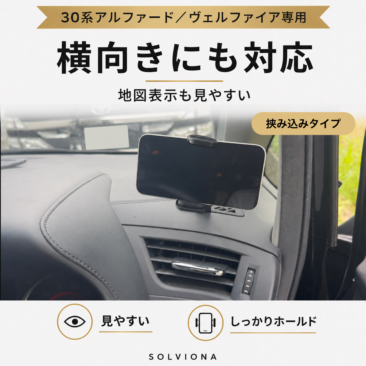 30系アルファード／ヴェルファイア　前期後期　デフロスター固定用スマホホルダー　挟み込みタイプ　磁気タイプ　　｜SOLVIONA