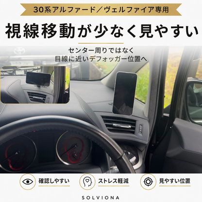 30系アルファード／ヴェルファイア　前期後期　デフロスター固定用スマホホルダー　挟み込みタイプ　磁気タイプ　　｜SOLVIONA