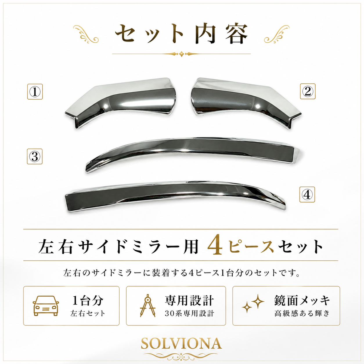 30系　アルファード／ヴェルファイア　前期／後期　全グレード対応　サイドミラーメッキガーニッシュ　4ピースセット｜SOLVIONA