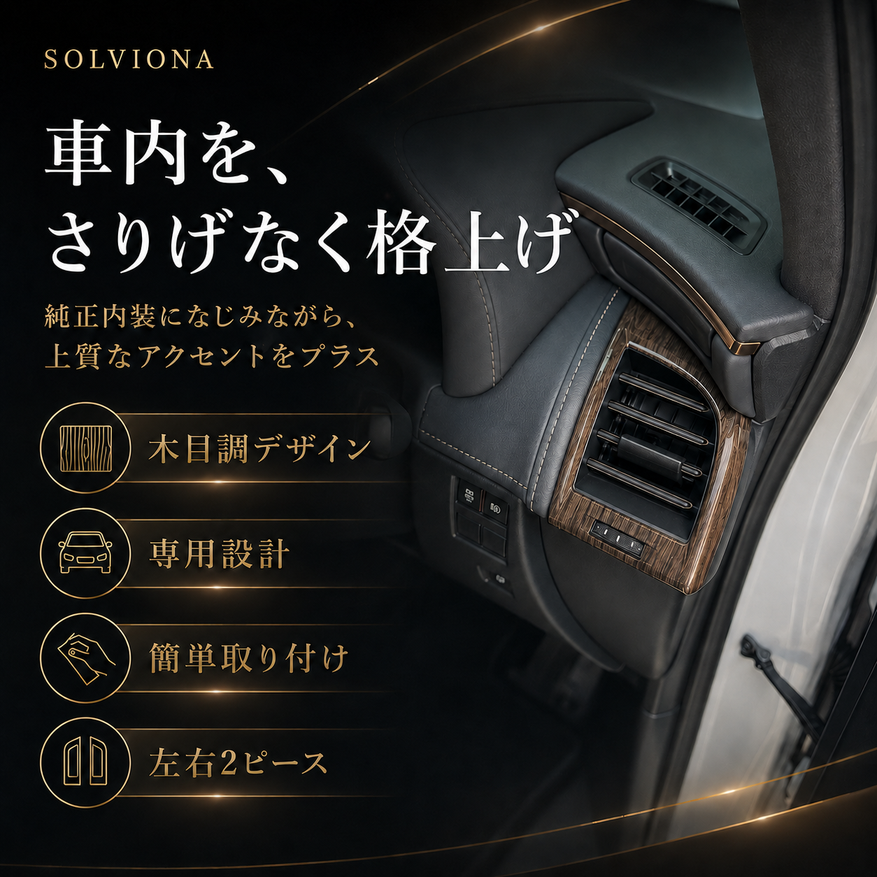 40系　アルファード／ヴェルファイア　全グレード対応　エアコンパネルガーニッシュ　木目調　2ピースセット｜SOLVIONA
