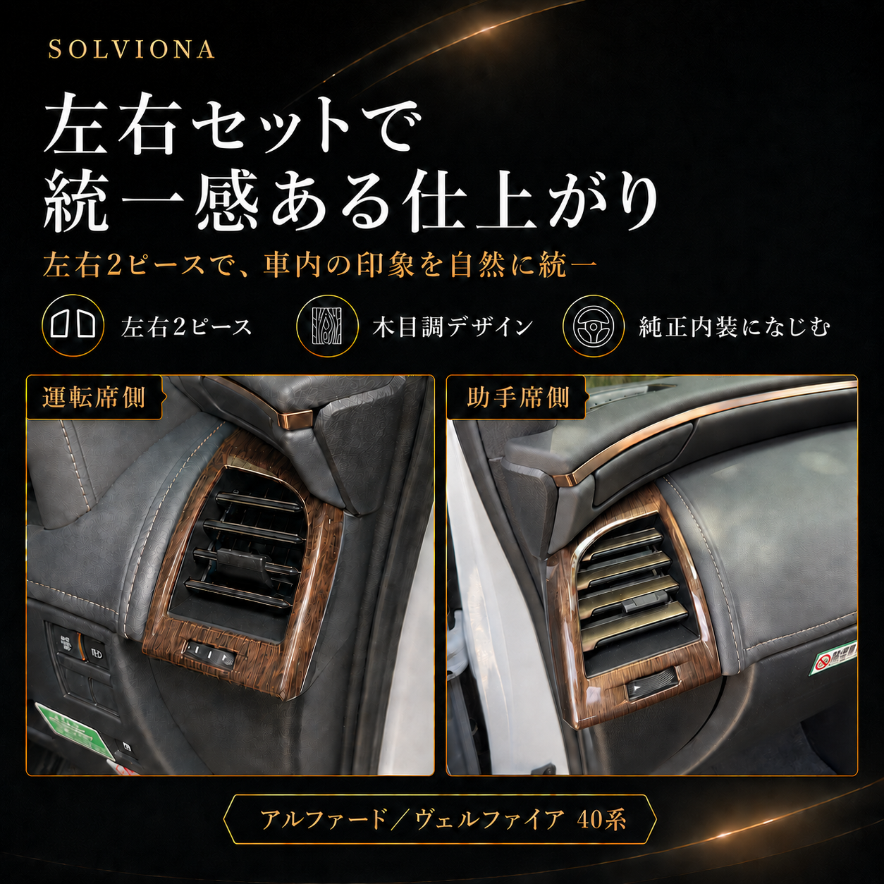 40系　アルファード／ヴェルファイア　全グレード対応　エアコンパネルガーニッシュ　木目調　2ピースセット｜SOLVIONA