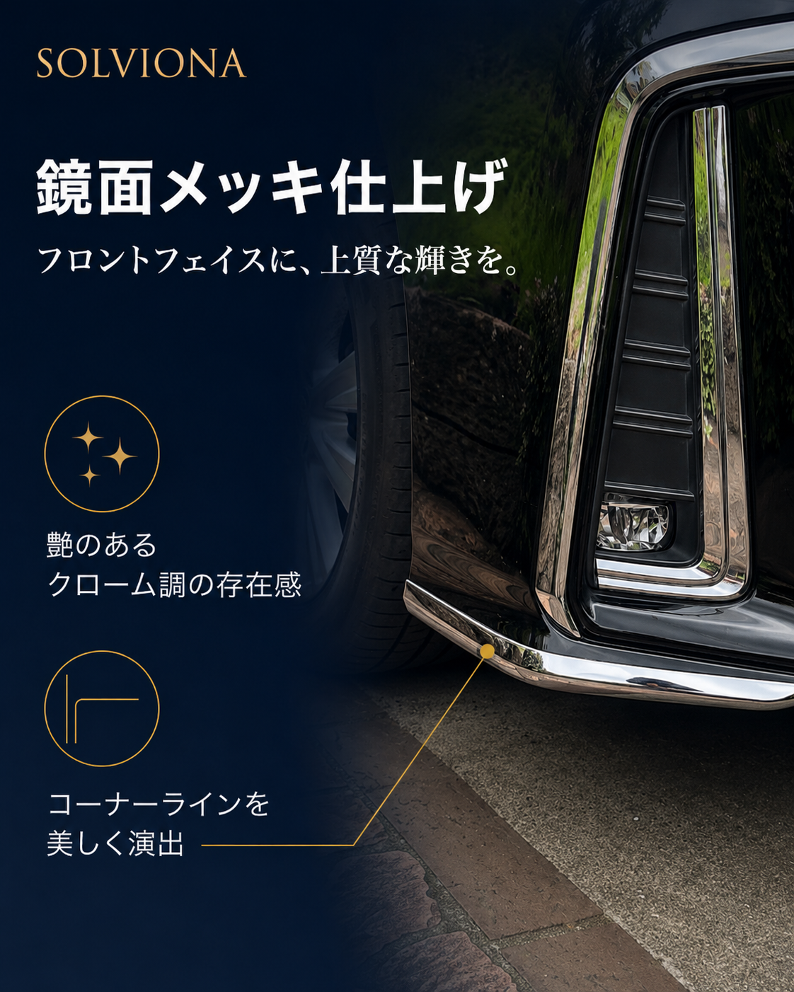 30系　アルファード　後期専用　S系グレード専用　フロントバンパーコーナーメッキガーニッシュ　2ピースセット　｜SOLVIONA