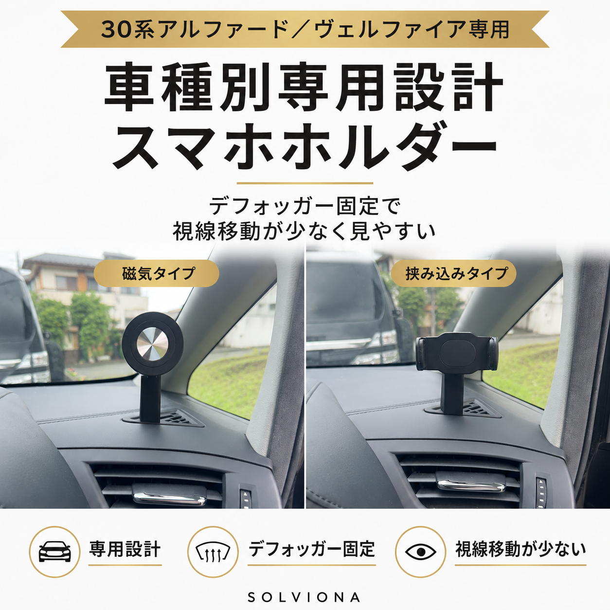 30系アルファード／ヴェルファイア　前期後期　デフロスター固定用スマホホルダー　挟み込みタイプ　磁気タイプ　　｜SOLVIONA