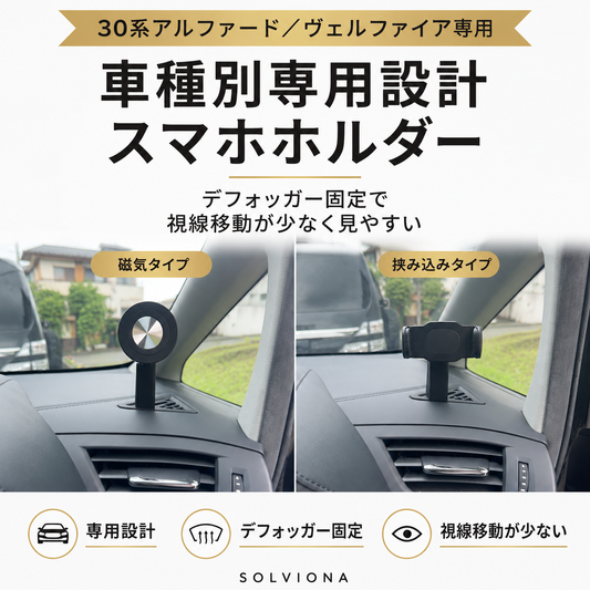 30系アルファード／ヴェルファイア　前期後期　デフロスター固定用スマホホルダー　挟み込みタイプ　磁気タイプ　　｜SOLVIONA