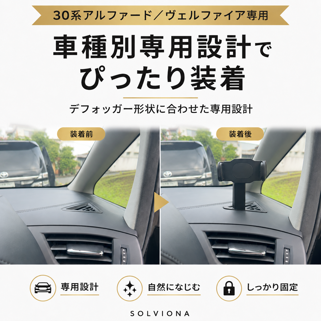 30系アルファード／ヴェルファイア　前期後期　デフロスター固定用スマホホルダー　挟み込みタイプ　磁気タイプ　　｜SOLVIONA