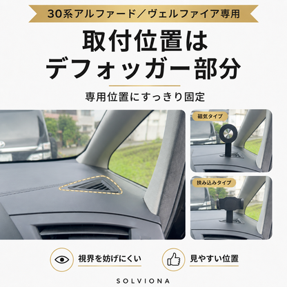 30系アルファード／ヴェルファイア　前期後期　デフロスター固定用スマホホルダー　挟み込みタイプ　磁気タイプ　　｜SOLVIONA