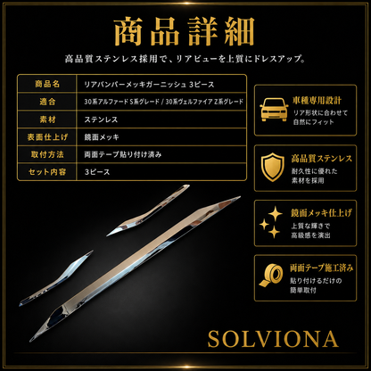 30系　アルファード／ヴェルファイア　前期／後期　S系グレード専用　リアバンパーアンダーメッキガーニッシュ　ステンレス　3ピースセット｜SOLVIONA