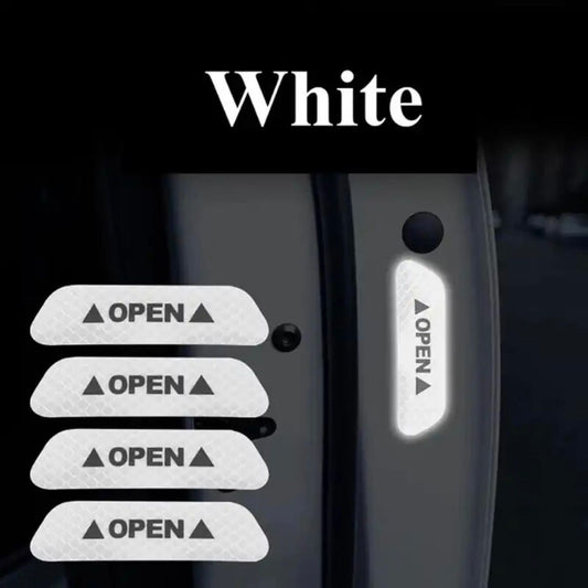 反射ステッカー　1セット（4枚）　白　リフレクター　ドレスアップ　簡単　オープン　ロゴ　OPEN カスタム　警告　夜間　アピール　ステッカー　シール　ドア　衝突　後方　デカール｜SOLVIONA