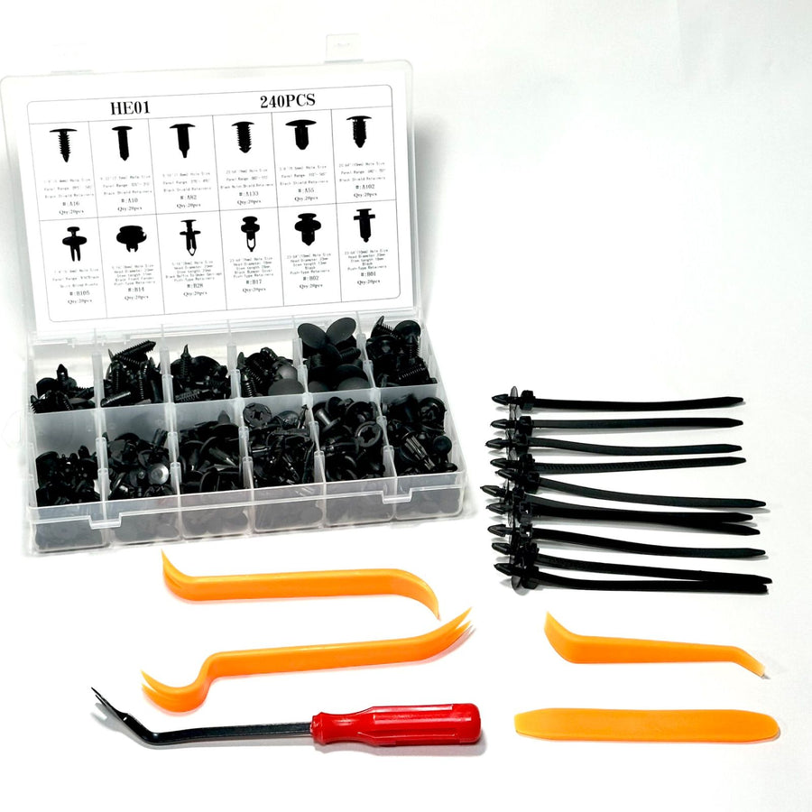 プッシュリベット　内張りはがし　5種　セット　ケース付き　汎用　240ピース　結束バンド10本　トリムクリップ　ピン　クリップ　修理　交換　留め具　プライヤー｜SOLVIONA