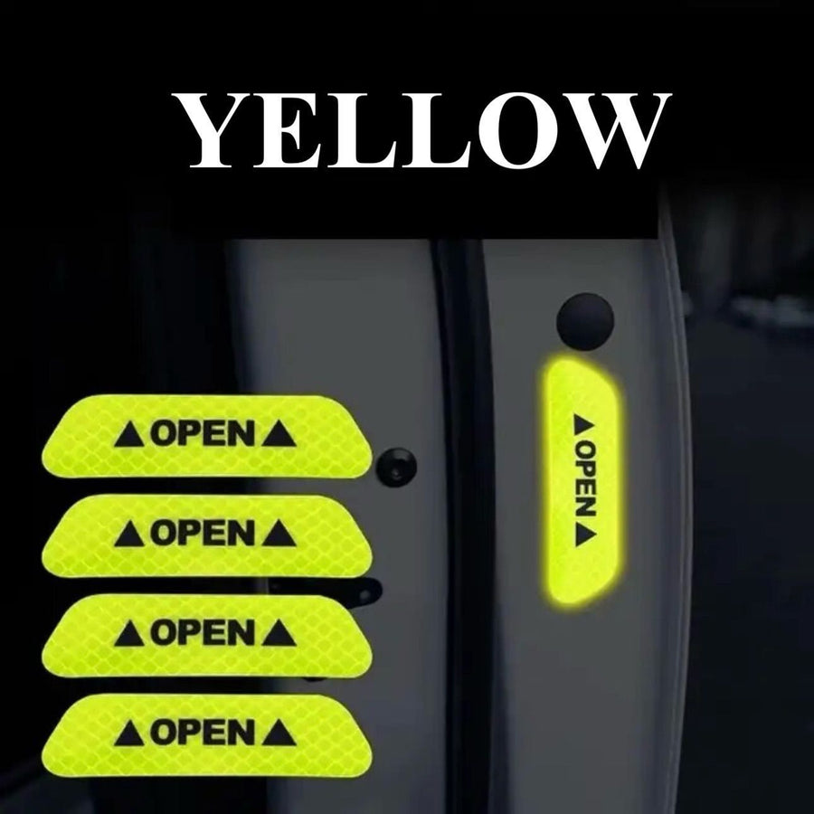 反射ステッカー　1セット（4枚）　黄　リフレクター　ドレスアップ　簡単　オープン　ロゴ　OPEN カスタム　警告　注意　夜間　アピール　汎用　車　バイク　ステッカー　シール　ドア　衝突　後方　アクセサリー　デカール｜SOLVIONA