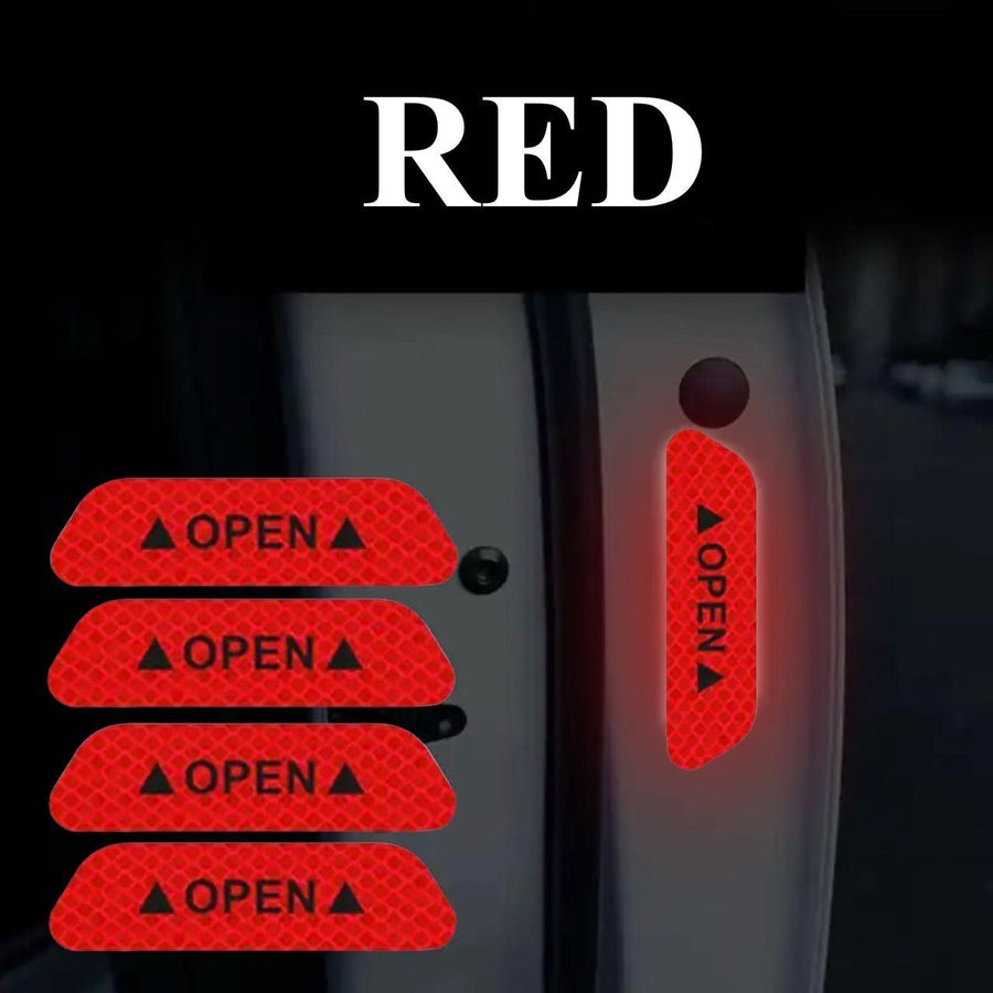 反射ステッカー　1セット（4枚）　赤　リフレクター　ドレスアップ　簡単　オープン　ロゴ　OPEN カスタム　警告　注意　夜間　アピール　汎用　車　バイク　ステッカー　シール　ドア　衝突　後方　アクセサリー　デカール｜SOLVIONA