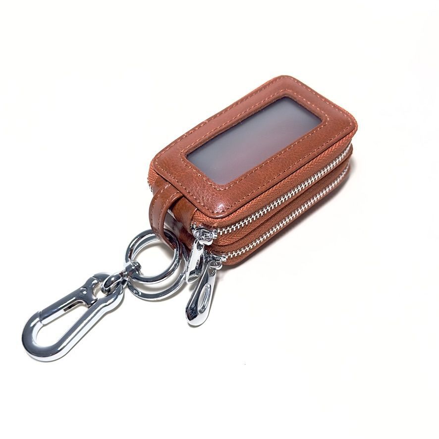 キーケース　クリア窓付　全車種対応　汎用　ダブルチャック　ダブルポケット　男女兼用　かわいい　ダブルファスナー　カラビナ　ブラウン　カラーキーケース　おしゃれ　メンズ　レディース｜SOLVIONA