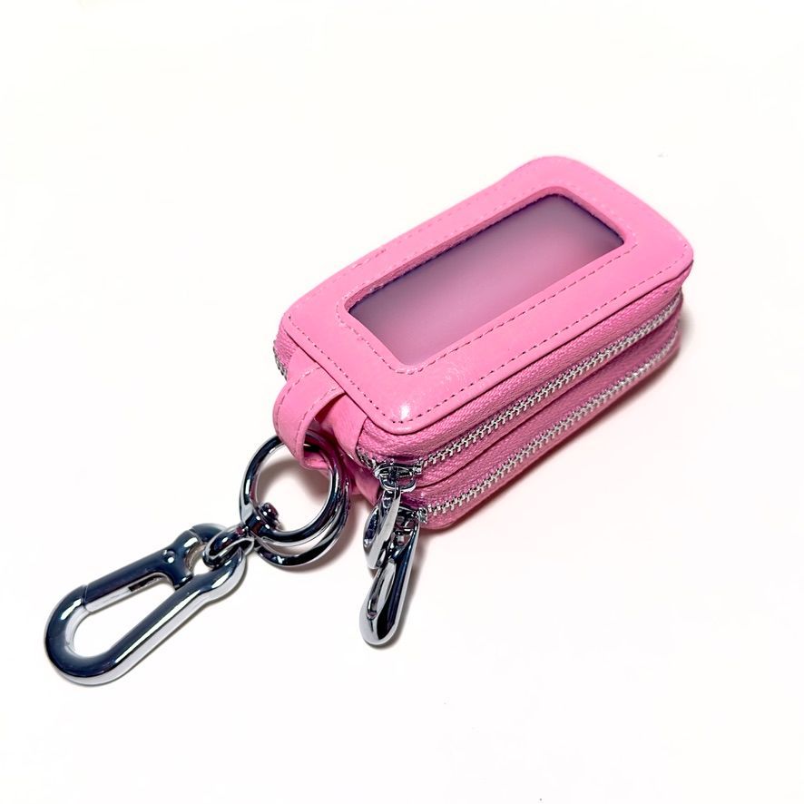キーケース　クリア窓付　全車種対応　汎用　ダブルチャック　ダブルポケット　男女兼用　かわいい　ダブルファスナー　カラビナ　ピンク　カラーキーケース　おしゃれ　メンズ　レディース｜SOLVIONA