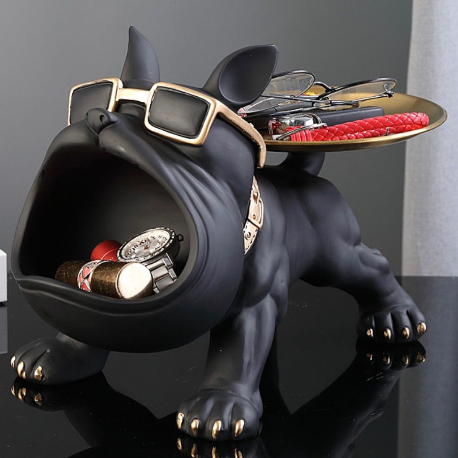 ブルドック　ブラック　1匹　オブジェ　置き物　キー収納　フレンチブル　小物入れ　玄関　鍵置き　インテリア　おしゃれ　飾り　かっこいい　サングラス　皿　オーナメント　ギフト　面白い　プレゼント　犬　卓上｜SOLVIONA